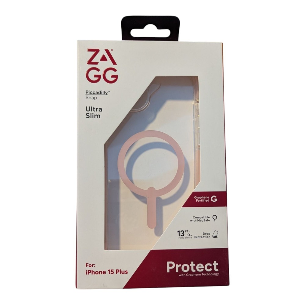 J8. Zagg Piccadilly Snap Case 13Ft/4M Drop Protection iPhone 15 Plus Clear/Pink